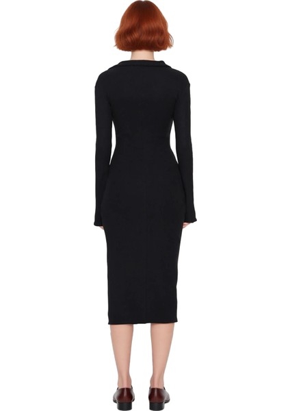 Kadın Uzun Kollu Polo Yaka Fitilli Örme Maxi Elbise Casual Soğuk Havalar Için Şık ve Rahat modelleri