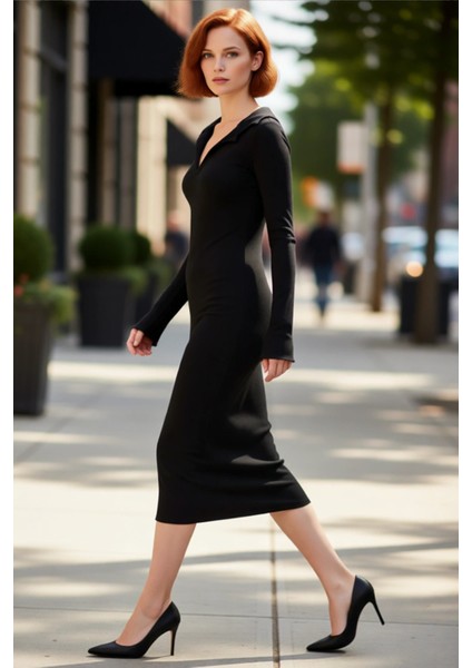 Kadın Uzun Kollu Polo Yaka Fitilli Örme Maxi Elbise Casual Soğuk Havalar Için Şık ve Rahat fırsatları