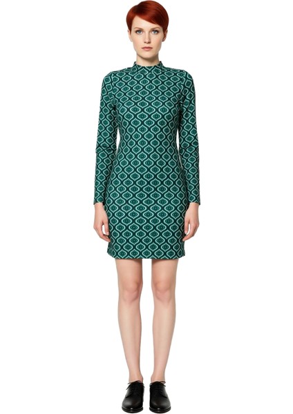Kadın Smart Business Için Yeşil Geometrik Desenli Dik Yaka Bodycon Örme Mini Elbise Kaliteli fiyatları