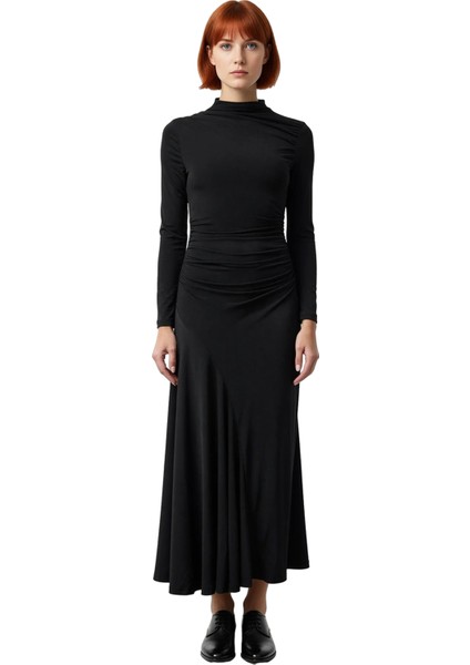 Kadın Lacivert Dik Yaka Büzgülü Maxi Elbise Uzun Kollu Bodycon Şık Günlük Esnek Örme Stil Kaliteli fiyatları