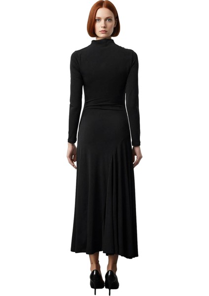 Kadın Lacivert Dik Yaka Büzgülü Maxi Elbise Uzun Kollu Bodycon Şık Günlük Esnek Örme Stil Kaliteli modelleri