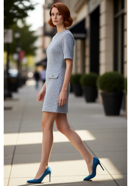 Kadın Kısa Kol Bisiklet Yaka Shift Kalıp Tüvit Elbise Dekoratif Düğmeli Ilkbahar Sonbahar Şıklığı fırsatları