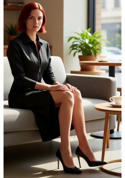 Siyah Kadın Bodycone Elbise Polo Yaka Uzun Düşük Kollu Fermuarlı Örme Midi Kış Şıklığı Kaliteli