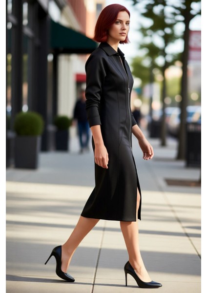 Siyah Kadın Bodycone Elbise Polo Yaka Uzun Düşük Kollu Fermuarlı Örme Midi Kış Şıklığı Kaliteli fırsatları