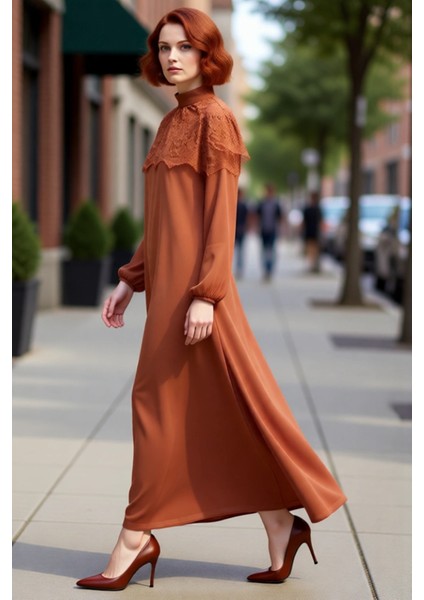 Kadın Skater Kalıp Dik Yaka Dantel Pelerin Detaylı Maxi Elbise Ramadan Koleksiyonu Şıklığı