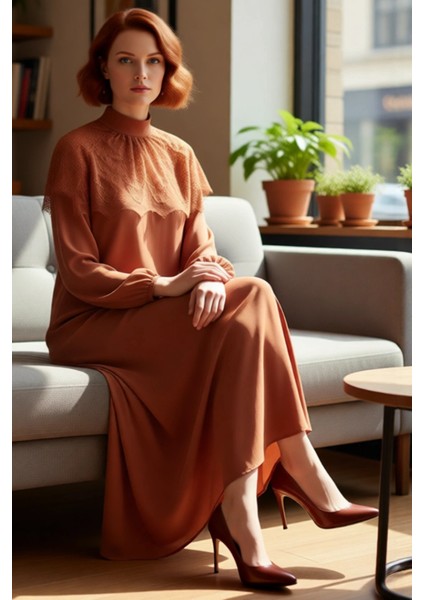 Kadın Skater Kalıp Dik Yaka Dantel Pelerin Detaylı Maxi Elbise Ramadan Koleksiyonu Şıklığı fiyatları