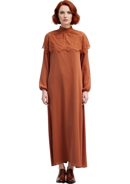 Kadın Skater Kalıp Dik Yaka Dantel Pelerin Detaylı Maxi Elbise Ramadan Koleksiyonu Şıklığı modelleri