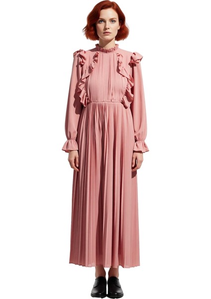 Kadın Piliseli Maxi Elbise Dik Yaka Balon Kol Tasarımıyla Şık Ortamlara Özel Zarafet Sunar modelleri