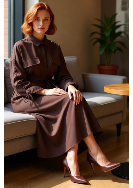 Kadın Maxi Boy Kuşaklı Dokuma Gömlek Yaka Uzun Büzgülü Kollu Günlük Rahat Kesim Elbise Kaliteli fiyatları