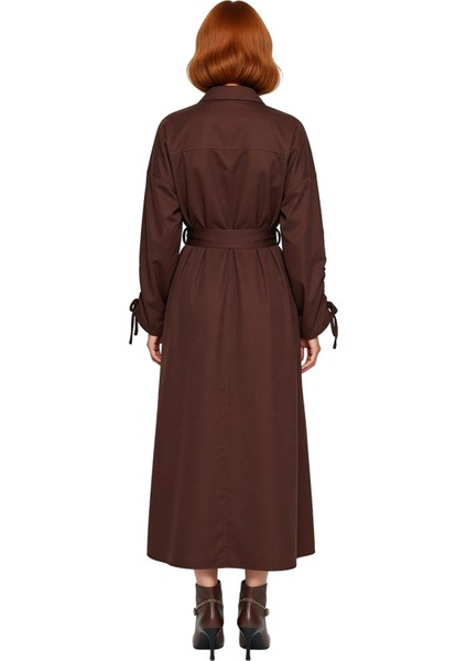 Kadın Maxi Boy Kuşaklı Dokuma Gömlek Yaka Uzun Büzgülü Kollu Günlük Rahat Kesim Elbise Kaliteli fırsatları