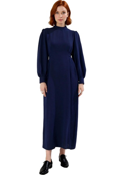Kadın Lacivert Balon Kol Dik Yaka Kuşaklı Tesettür Dokuma Maxi Elbise Şık ve Konforlu Tasarım modelleri