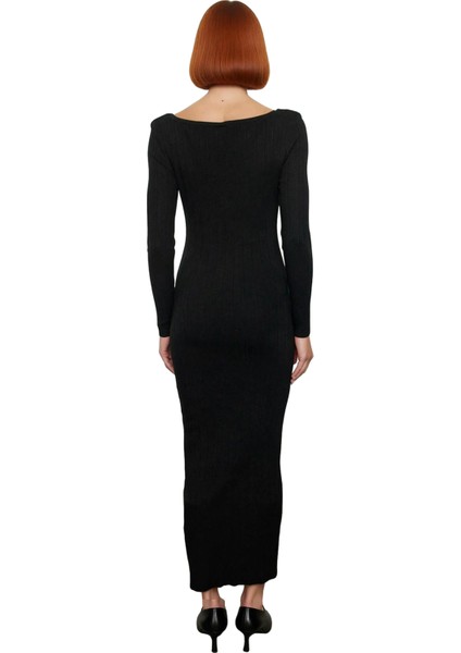 Kadın Triko Uzun Kollu Maxi Boy Kayık Yaka Düz Desenli Esnek Şık Gündüz Gece Elbisesi Kaliteli fiyatları