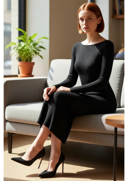 Kadın Triko Uzun Kollu Maxi Boy Kayık Yaka Düz Desenli Esnek Şık Gündüz Gece Elbisesi Kaliteli fırsatları