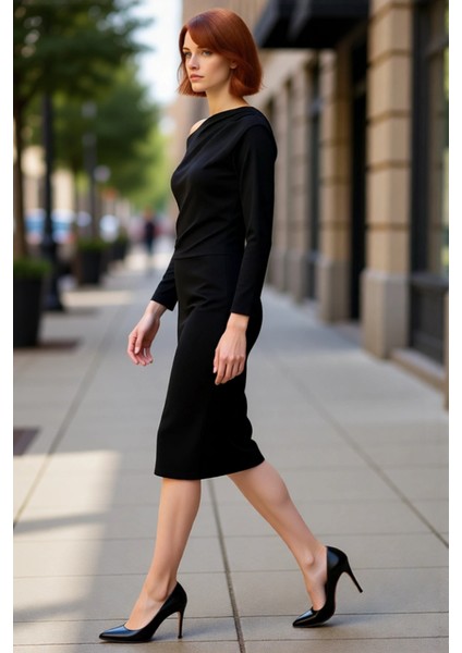 Şık Kadın Asimetrik Yaka Bodycon Kalıp Midi Boy Uzun Kollu Scuba Krep Örme Elbise Günlük ve Özel modelleri