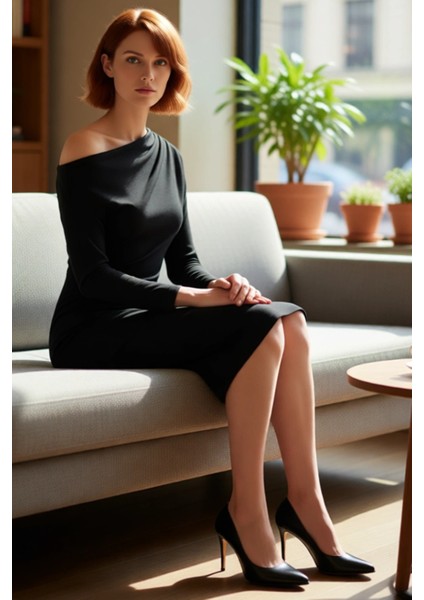 Şık Kadın Asimetrik Yaka Bodycon Kalıp Midi Boy Uzun Kollu Scuba Krep Örme Elbise Günlük ve Özel fırsatları