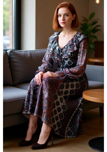 Kadın Şal Desenli V Yaka Balon Kol Astarlı Maxi Boy Skater Elbise Günlük Şıklık Sunar. Kaliteli fiyatları