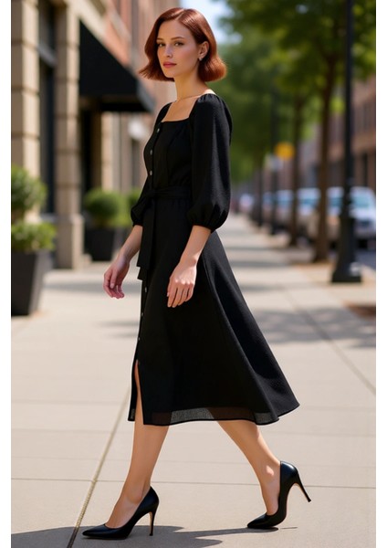 Kadın Gömlek Elbise Midi Boy Truvakar Balon Kol Kare Yaka Kuşaklı Dokuma Şıklığı Ile Rahatlık