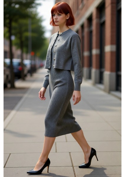 Kadın Gri Midi Bodycon Triko Elbise ve Kısa Hırka Ikili Takım Sonbahar Kış Stili Kaliteli Şık