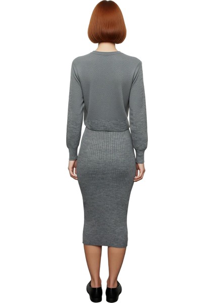 Kadın Gri Midi Bodycon Triko Elbise ve Kısa Hırka Ikili Takım Sonbahar Kış Stili Kaliteli Şık fırsatları