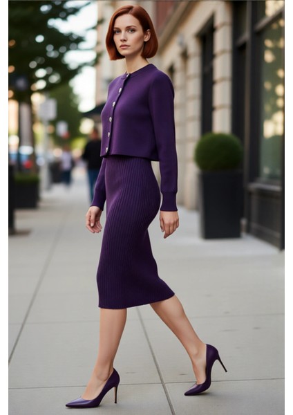 Kadın Gri Midi Bodycon Triko Elbise ve Kısa Hırka Ikili Takım Sonbahar Kış Stili Kaliteli Şık