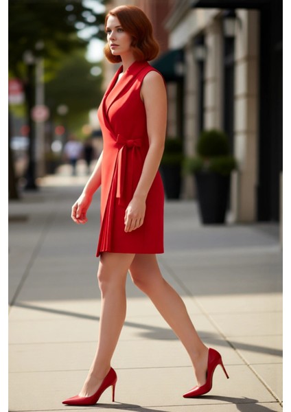 Kadın Kruvaze Yaka Kolsuz Mini Elbise Ofis ve Özel Davetler Için Şık Dokuma Tasarım Kaliteli