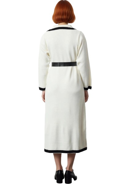 Kadın Ekru Kemerli Ceket Yaka Düz Uzun Kollu Triko Maxi Elbise Akrilik Kış Koleksiyonu Şıklığı fırsatları