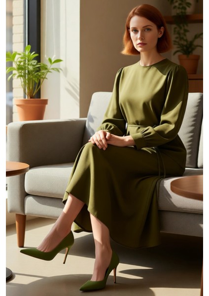 Kadın A Line Kesim Düz Desen Bisiklet Yaka Uzun Kollu Maxi Boy Kuşaklı Rahat ve Şık Dokuma Elbise fiyatları