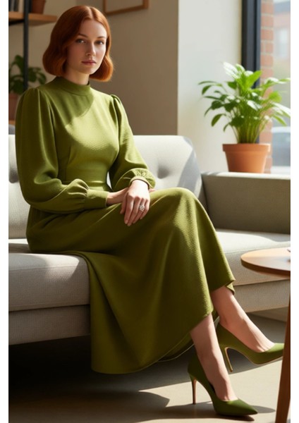 Kadın Lacivert Balon Kol Dik Yaka Kuşaklı Tesettür Dokuma Maxi Elbise Şık ve Konforlu Tasarım fiyatları