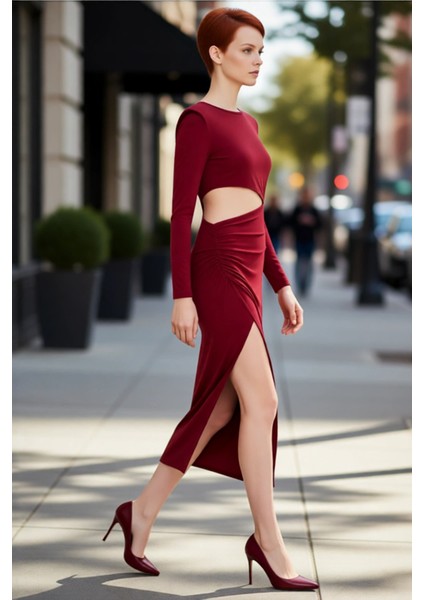 Kadın Bordo Bodycon Kesim Uzun Kollu Cut Out Detaylı Şık Maxi Elbise Gece Mezuniyet Davetleri