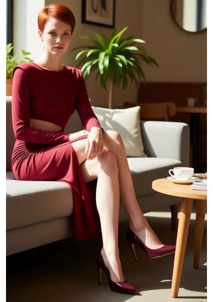 Kadın Bordo Bodycon Kesim Uzun Kollu Cut Out Detaylı Şık Maxi Elbise Gece Mezuniyet Davetleri fiyatları