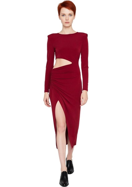 Kadın Bordo Bodycon Kesim Uzun Kollu Cut Out Detaylı Şık Maxi Elbise Gece Mezuniyet Davetleri modelleri