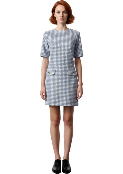 Kadın Shift Kalıp Kısa Kollu Kazayağı Desenli Tüvit Elbise Şık Düğme Detaylı Ilkbahar Sonbahar modelleri