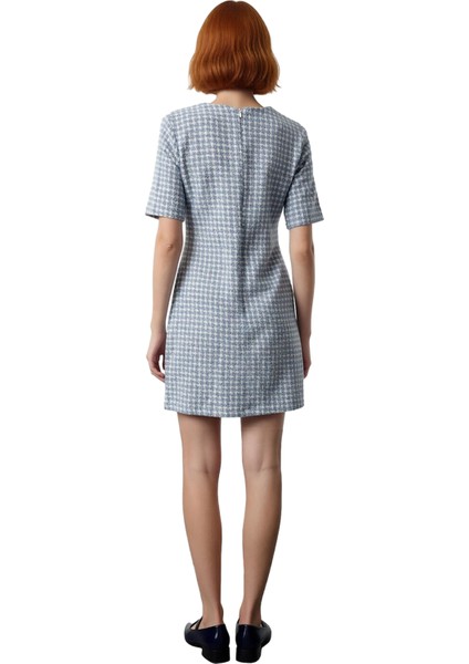 Kadın Shift Kalıp Kısa Kollu Kazayağı Desenli Tüvit Elbise Şık Düğme Detaylı Ilkbahar Sonbahar fırsatları