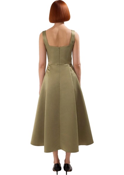 Kadın Skater Kalıp Midi Boy Saten Dokuma Kare Yaka Kokteyl Şık Mezuniyet Elbisesi Kalın Askılı fırsatları