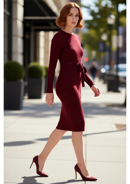 Kadın Kuşaklı Bodycon Triko Midi Elbise Bisiklet Yaka Uzun Standart Kollu Şık Ilkbahar Sonbahar