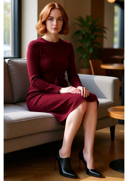 Kadın Kuşaklı Bodycon Triko Midi Elbise Bisiklet Yaka Uzun Standart Kollu Şık Ilkbahar Sonbahar fiyatları