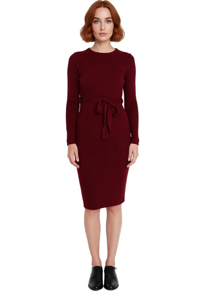 Kadın Kuşaklı Bodycon Triko Midi Elbise Bisiklet Yaka Uzun Standart Kollu Şık Ilkbahar Sonbahar modelleri