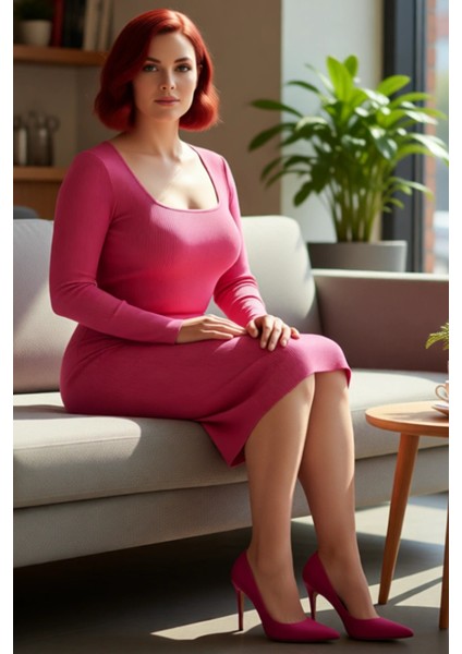 Kadın Büyük Beden Bodycon Fitilli Triko Elbise Uzun Kollu Midi Boy Kare Yaka Şık Tasarım Kaliteli fiyatları