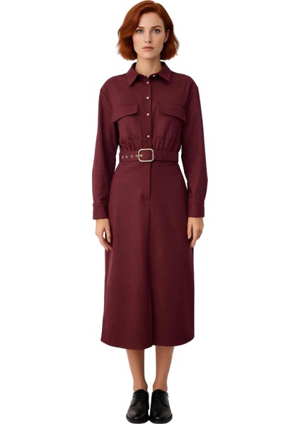 Kadın Fashion Forward Midi Kemerli Gömlek Yaka Düz Dokuma Elbise Gün Boyu Konfor ve Zarafet fiyatları