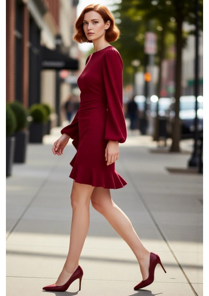 Kadın Balon Kol Bodycon Kısa Elbise Volanlı Dokuma Kış Sezonu Şık Gece Kombinleriniz Için Kaliteli