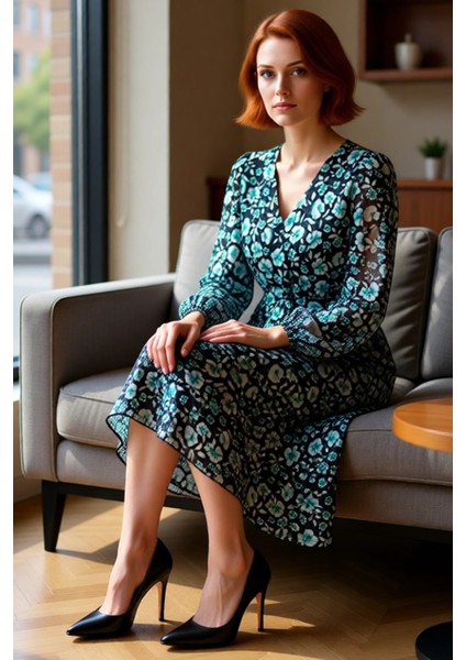 Kadın Çiçekli A Kesim Maxi Kuşaklı V Yaka Balon Kol Dokuma Şifon Elbise Zarif ve Modern Tasarım fiyatları