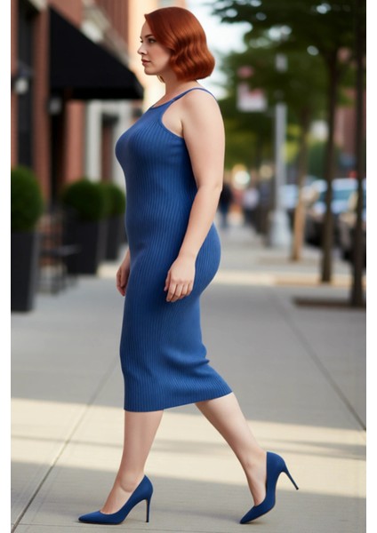 Kadınlar Için Bodycon Kesim Mavi Kolsuz Midi Boy Fitilli Triko Elbise Yaz Stiliyle Modern Şıklık