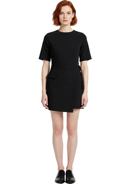 Kadın Büyük Beden Dokuma Kemerli Kısa Kollu Bisiklet Yaka Mini Profesyonel Ofis Elbisesi Kaliteli modelleri