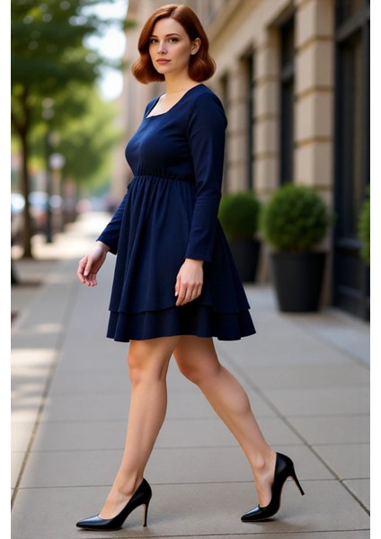 Kadın Büyük Beden Lacivert Kare Yaka Skater Örme Elbise Uzun Kollu Kışlık Rahat Şıklık Kaliteli