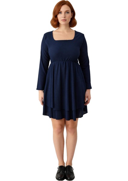 Kadın Büyük Beden Lacivert Kare Yaka Skater Örme Elbise Uzun Kollu Kışlık Rahat Şıklık Kaliteli modelleri