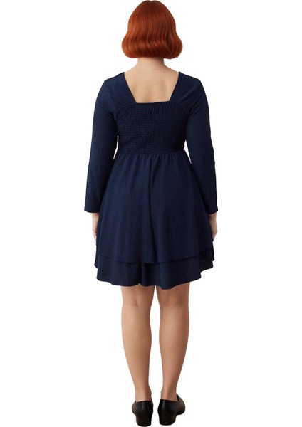 Kadın Büyük Beden Lacivert Kare Yaka Skater Örme Elbise Uzun Kollu Kışlık Rahat Şıklık Kaliteli fırsatları