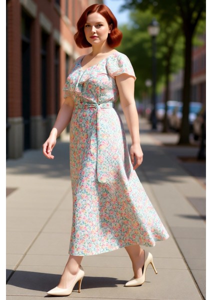 Kadın Büyük Beden Çok Renkli Çiçekli Asimetrik Fırfırlı Şifon Maxi Elbise Yaz Akşamları Için