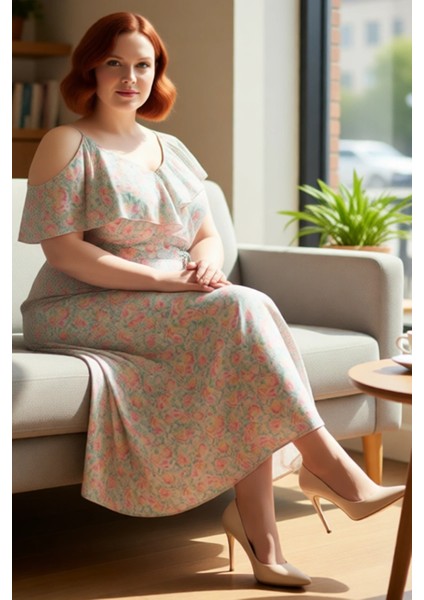 Kadın Büyük Beden Çok Renkli Çiçekli Asimetrik Fırfırlı Şifon Maxi Elbise Yaz Akşamları Için fiyatları