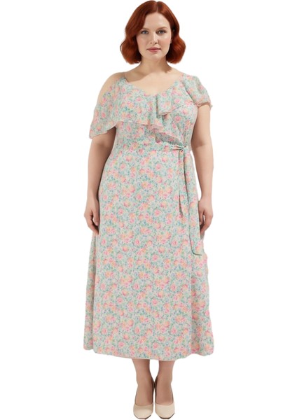 Kadın Büyük Beden Çok Renkli Çiçekli Asimetrik Fırfırlı Şifon Maxi Elbise Yaz Akşamları Için modelleri