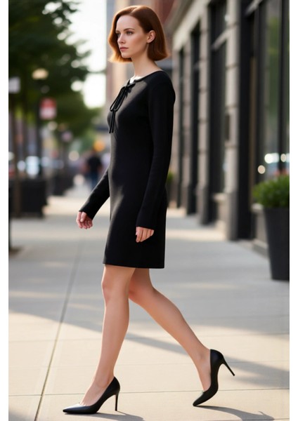 Kadın Siyah A Line Kısa Mini Triko Elbise Bağlama Detaylı Kaçık Yaka Uzun Standart Kollu Fitilli